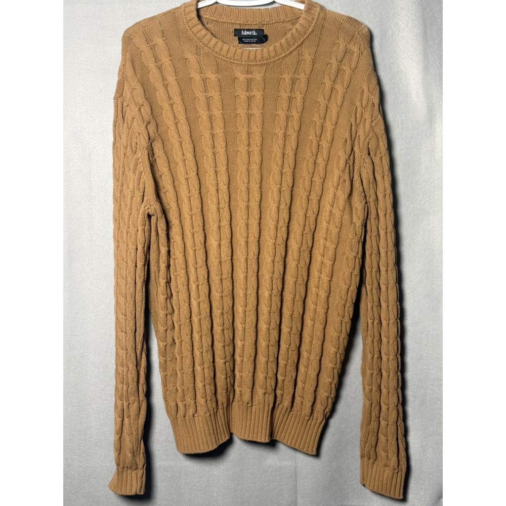 Ashworth Mens Camel Tan Brown Cable Knit 100% Cotton Crewneck Sweater Large